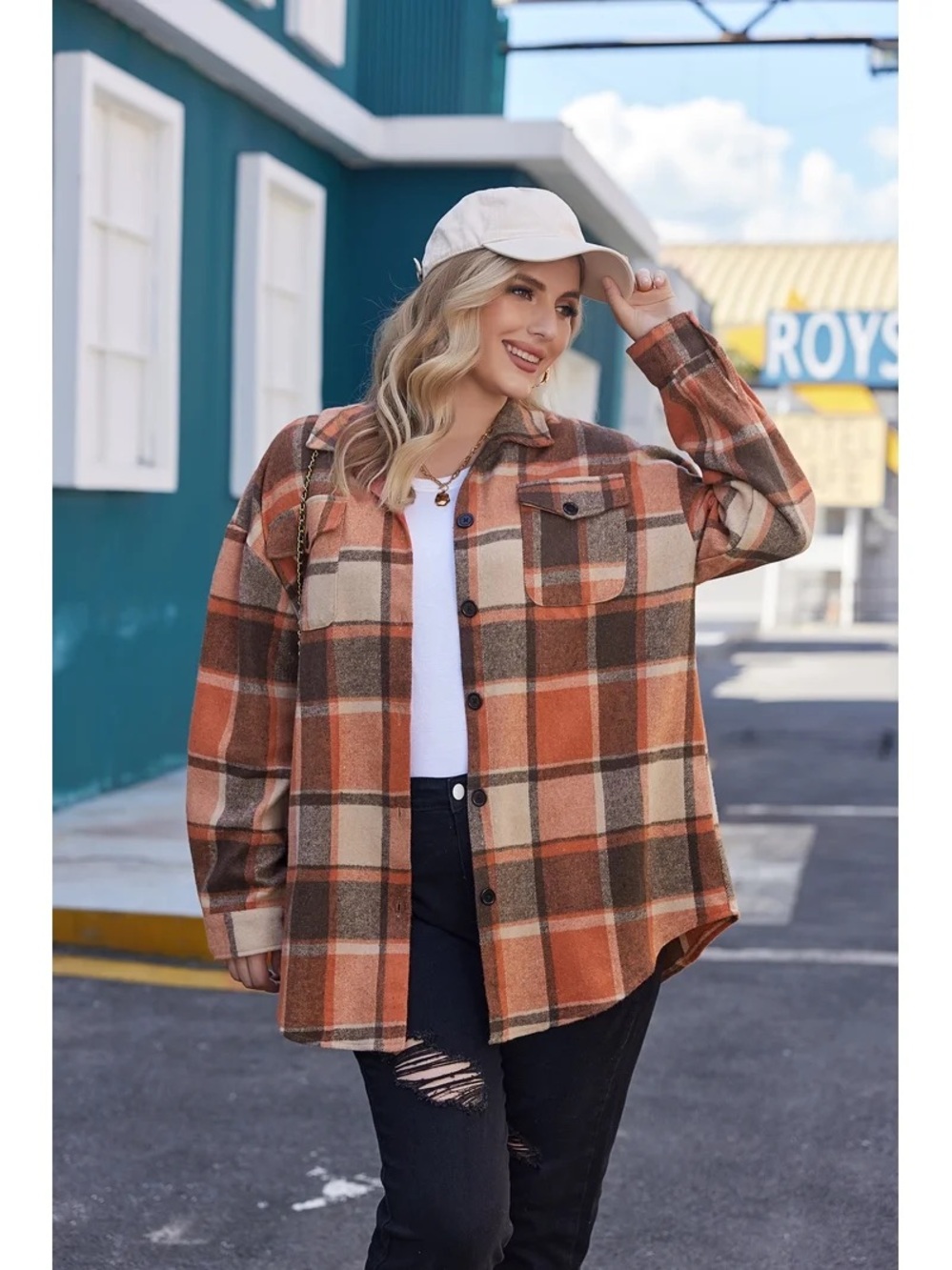 Stoosh plaid button-down shacket in an orange and brown colorway